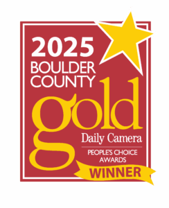 Red and gold badge with a star reading "2025 Boulder County Gold, Daily Camera, People's Choice Awards, Winner. - Pompadours Hair Salon | Boulder, CO